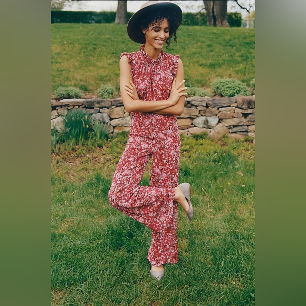 Anthropologie Ali & Jay Size L Troubadour Floral Jumpsuit Red Ruffle Sle…